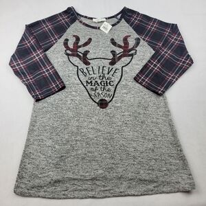 NWT Exclusive One plaid Reindeer Believe baseball tee tunic Christmas holiday